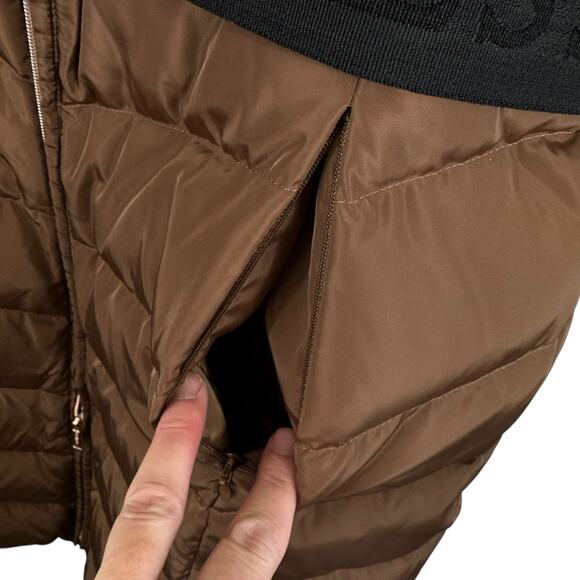 GUESS Janina Brown Long Line Faux Fur Hood Full Zip Down Puffer Jacket Size L - Picture 7 of 14